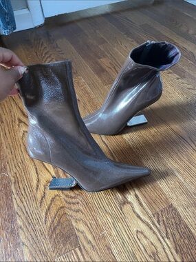Jeffrey Campbell Glossy Taupe Patent Pointed Ankle Booties